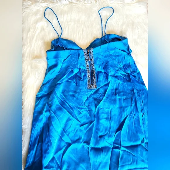 VINTAGE Rebecca Taylor Satin Silk Flowy Blue Dress Size 2 Gem Zip up back - Picture 3 of 12